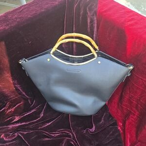 Black Faux Leather Tote Bag w/ Bamboo Handles & Removable Pouch